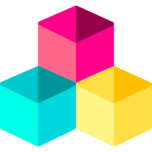 Three cubes displayed in 3D, one pink at top, one green blue at left and one yellow at right.